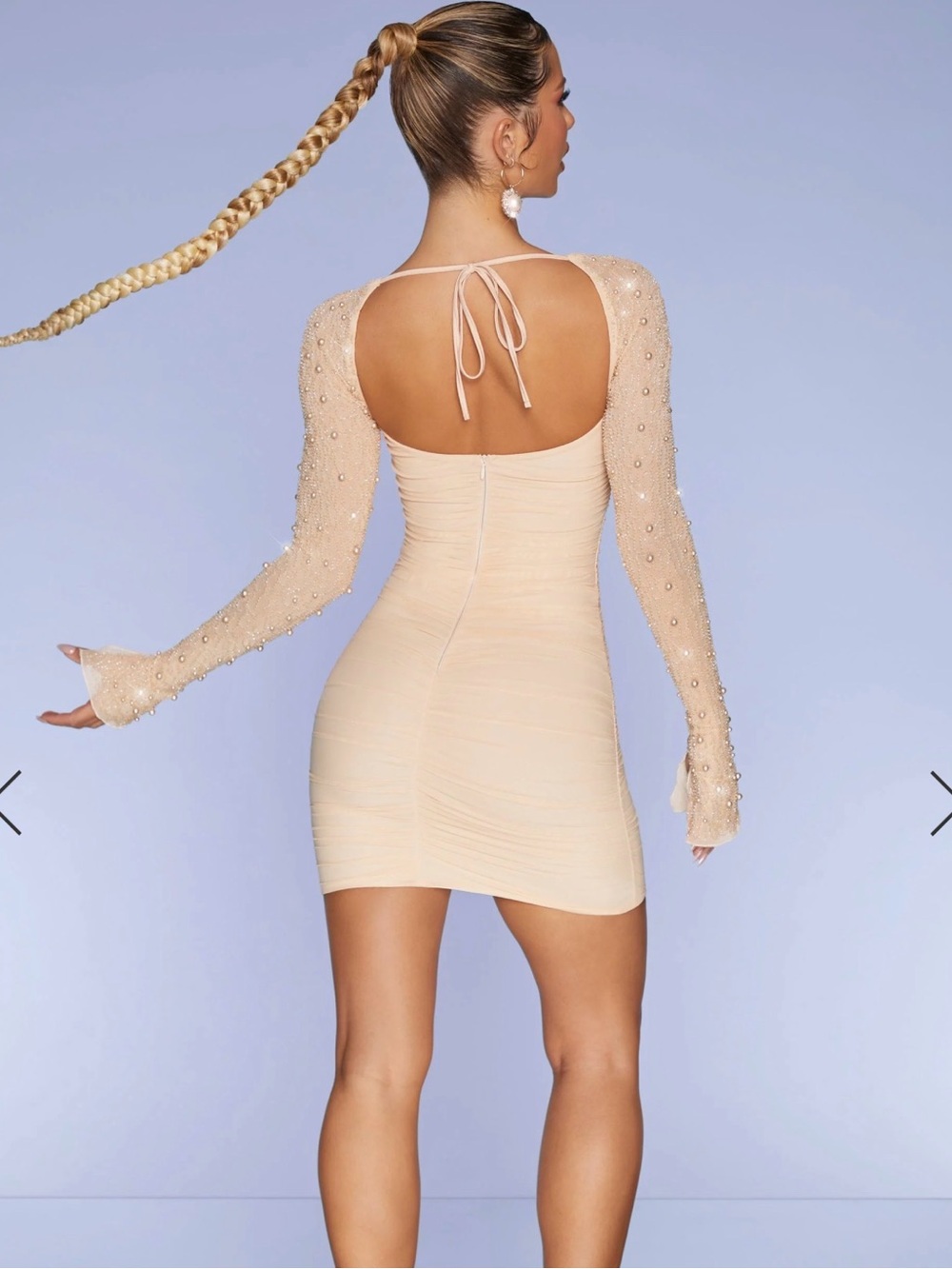 Oh Polly Beige Sheer-Sleeve Bodycon Mini Dress - Picture 4 of 7